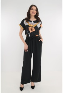 Salopeta lejera neagra cu print abstract alb-corai