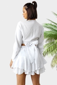Compleu Wichita, camasa, legare sub bust si fusta pantaloni croi scurt, Alb, Marime S/M/L - Img 2