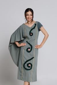 Mira khaki dress with long sleeves and embroidery - Img 2