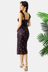 Rochie bodycon Ditsy, slit adanc si imprimeu cu cirese, Negru, Marime S/M - Img 5