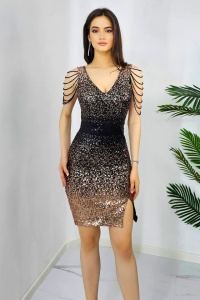 Rochie cambrata Adria, cu cristale, paiete si spate semidecupat, Bej/Negru - Img 3