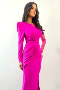 Rochie de ocazie Patricia, cu maneca lunga si detalii din tull, Fucsia - Img 4