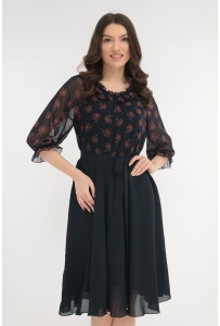 Rochie eleganta din voal bleumarin si voal cu print caramiziu