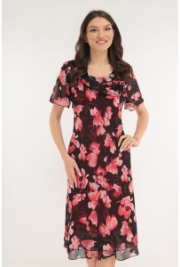 Rochie eleganta din voal bordo cu print floral roz