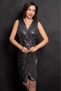 Rochie eleganta petrecuta Luiza cu paiete argintii si glitter