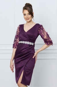 Rochie Ella Collection Atena mov cu maneci din dantela si cordon in talie