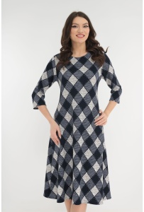 Rochie evazata cu model in carouri bleumarin-gri
