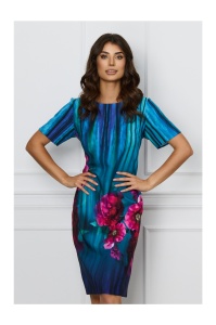 Rochie Ilona turcoaz cu imprimeu floral fucsia