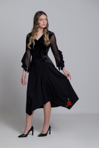 Rochie KARENA neagra din viscoza si catifea asimentrica - Img 1