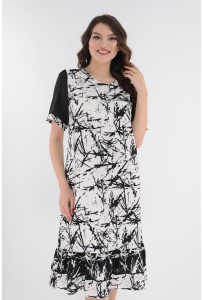 Rochie lejera alba cu print abstract si volanas la tiv