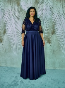 Rochie lunga de tafta si broderie catifelata bleumarin Anastasia - Img 4