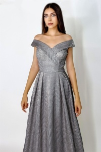 Rochie lunga Elize, cu pliuri definite si decolteu cu mansete pe umeri, Argintiu inchis, Marime universala S/M - Img 3