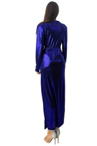 Rochie lunga Julietta, crapatura pe picior si decolteu adanc, Albastru Metalizat, Marime S/M - Img 7