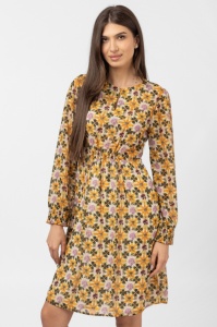 Rochie midi cu imprimeu floral galben sofran-verde olive