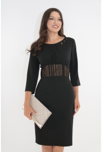 Rochie neagra cu insertii din brocart auriu in talie