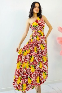 Rochie plisata asimetrica Elza Print, cu decupaj in zona taliei si imprimeu cu lămâi, Rosu, Marime S/M - Img 3