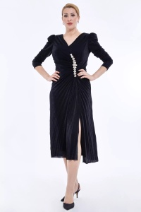 Rochie plisata eleganta de dama midi cu maneca lunga neagra - Img 4