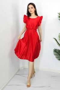 Rochie plisata midi, Elenor, cu volanase si curea asortata, Rosu, Marime universala S/M - Img 1