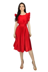 Rochie plisata midi, Elenor, cu volanase si curea asortata, Rosu, Marime universala S/M - Img 2