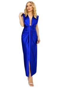 Rochie satinata Ilaria, croiala conica si decolteu adanc, Albastru royal, Marime S/M - Img 2