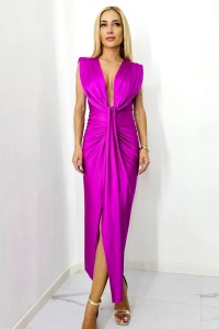 Rochie satinata Ilaria, croiala conica si decolteu adanc, Fucsia, Marime S/M - Img 1