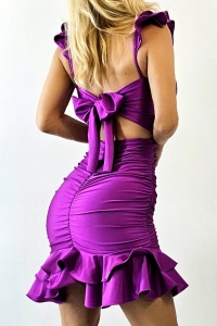 Rochie satinata Palomea, cu funda la spate si volane asimetrice, Mov, Marime S/M - Img 4