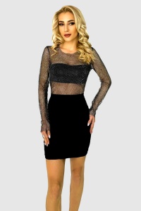 Rochie scurta Ines, bodycon, cu aspect transparent si insertii din cristale, Negru, Marime universala S/M - Img 1