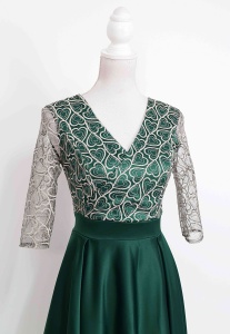 Rochie scurta verde Stefania din tafta si broderie bej-aurie - Img 2