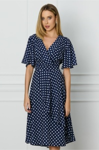 Rochie Sorina bleumarin cu buline albe si volan pe fusta