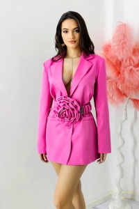 Rochie tip sacou Daniela, decolteu amplu si curea cu detaliu floral oversize, Roz, Marime S/M - Img 4