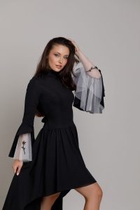 Rochie VALERYN neagră cu mânecă clopot din tul alb - Img 2