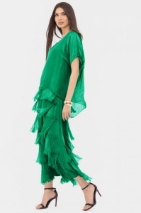 Rochie verde smarald din matase naturala cu volane franjurate suprapuse