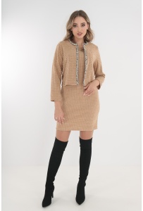 Compleu - blazer si rochie din stofa tweed bej