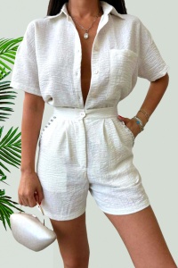 Compleu cu bumbac creponat, Jolin, camasa si pantaloni scurti cu pense, Alb - Img 1