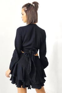 Compleu Wichita, camasa, legare sub bust si fusta pantaloni croi scurt, Negru, Marime S/M/L - Img 2