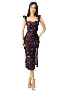 Rochie bodycon Ditsy, slit adanc si imprimeu cu cirese, Negru, Marime S/M - Img 6