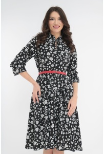 Rochie clos neagra cu animal print si cu o curea rosie in talie