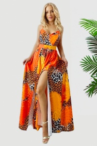Rochie cocktail Fernanda, croi semidecupat si funda la spate, Orange Savana, Marime S/M/L - Img 1