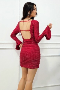 Rochie de evenimente Faylin, cu pietre si spatele gol, Rosu, Marime S/M - Img 2