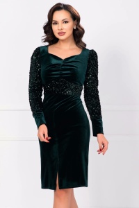Rochie de ocazie Celia din catifea verde cu maneci din paiete