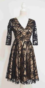 Rochie de ocazie din tiul cu broderie catifea neagra si saten bej Carmen