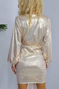 Rochie de ocazie Glena, cu aspect metalic si detaliu asimetric, Crem, Marime S/M - Img 5