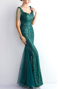 Rochie de ocazie Isolde, cu detaliu din tull, cristale si imprimeu royal, Verde - Img 3