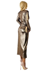 Rochie de ocazie Julietta, cu falduri si crapatura pe picior, Bronz Metalizat, Marime S/M - Img 7