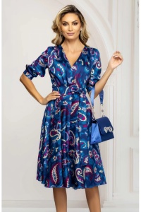Rochie de zi eleganta albastra in clos cu imprimeu paisley