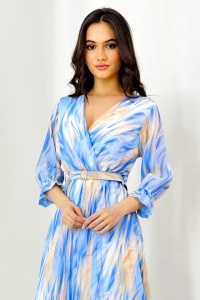 Rochie de zi Fatima, croiala plisata si imprimeu pastelat, Albastru, Marime S/M - Img 4