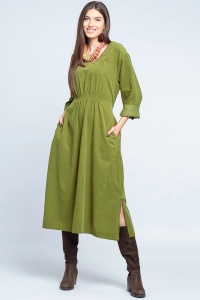 Rochie din catifea reiata verde olive, cu elastic sub bust