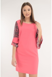 Rochie din stofa corai cu maneci din voal cu print floral