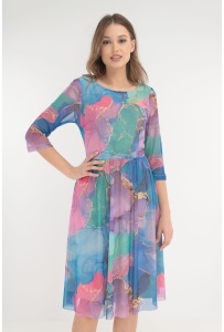 Rochie din tulle cu print abstract turcoaz-violet