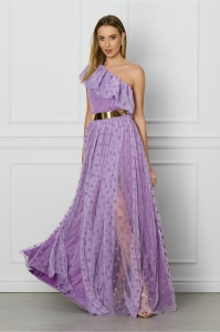 Rochie DY Fashion lila lunga din tull cu buline catifelate si curea in talie